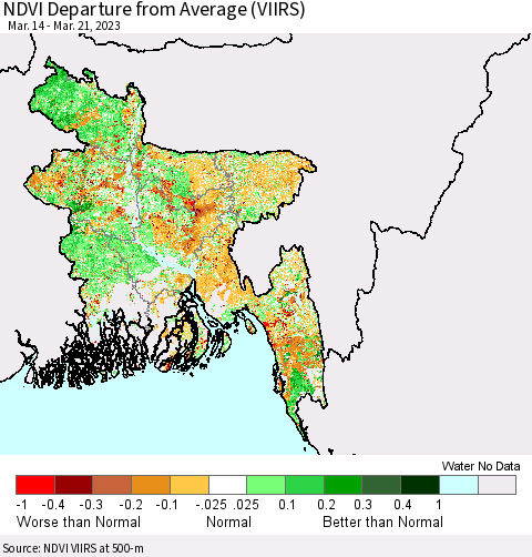 Bangladesh NDVI Departure from Average (VIIRS) Thematic Map For 3/14/2023 - 3/21/2023