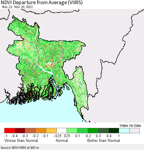 Bangladesh NDVI Departure from Average (VIIRS) Thematic Map For 3/22/2023 - 3/29/2023