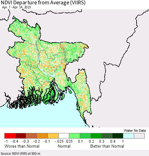 Bangladesh NDVI Departure from Average (VIIRS) Thematic Map For 4/7/2023 - 4/14/2023