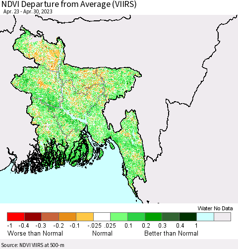 Bangladesh NDVI Departure from Average (VIIRS) Thematic Map For 4/23/2023 - 4/30/2023