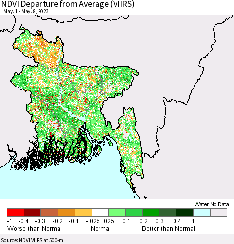 Bangladesh NDVI Departure from Average (VIIRS) Thematic Map For 5/1/2023 - 5/8/2023