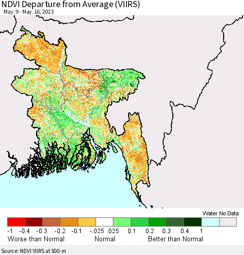 Bangladesh NDVI Departure from Average (VIIRS) Thematic Map For 5/9/2023 - 5/16/2023