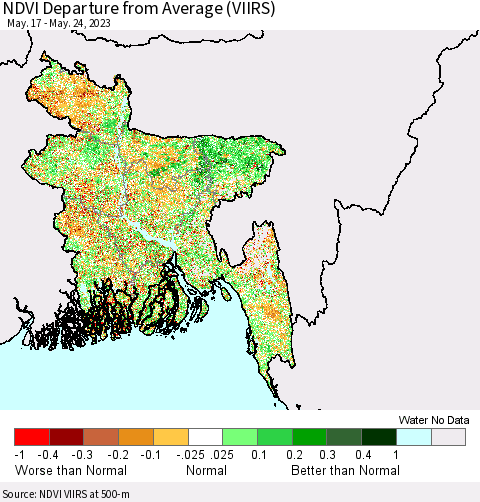 Bangladesh NDVI Departure from Average (VIIRS) Thematic Map For 5/17/2023 - 5/24/2023