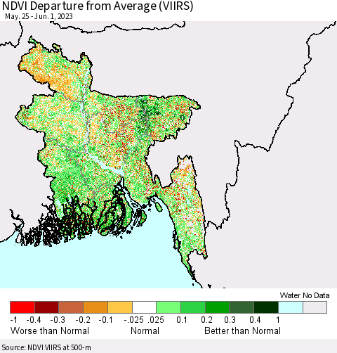 Bangladesh NDVI Departure from Average (VIIRS) Thematic Map For 5/25/2023 - 6/1/2023