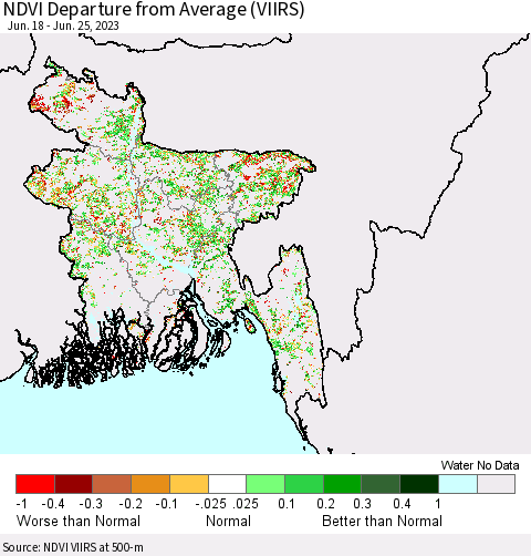 Bangladesh NDVI Departure from Average (VIIRS) Thematic Map For 6/18/2023 - 6/25/2023