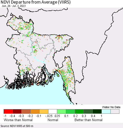 Bangladesh NDVI Departure from Average (VIIRS) Thematic Map For 6/26/2023 - 7/3/2023