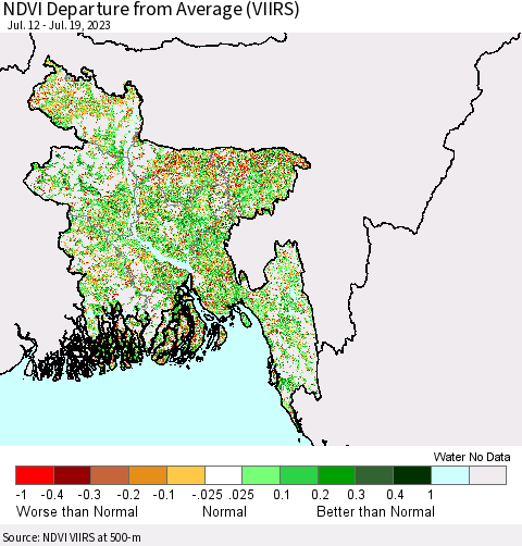 Bangladesh NDVI Departure from Average (VIIRS) Thematic Map For 7/12/2023 - 7/19/2023