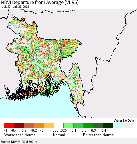 Bangladesh NDVI Departure from Average (VIIRS) Thematic Map For 7/20/2023 - 7/27/2023