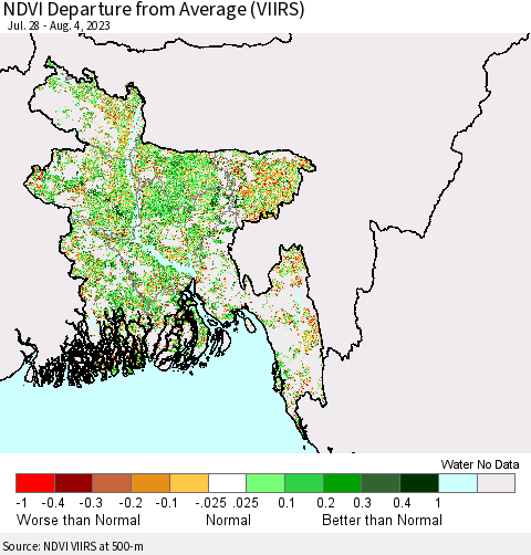 Bangladesh NDVI Departure from Average (VIIRS) Thematic Map For 7/28/2023 - 8/4/2023