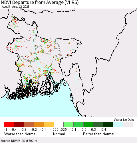 Bangladesh NDVI Departure from Average (VIIRS) Thematic Map For 8/5/2023 - 8/12/2023