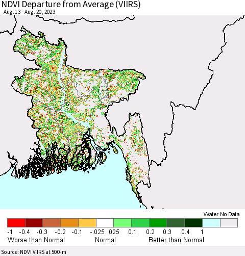 Bangladesh NDVI Departure from Average (VIIRS) Thematic Map For 8/13/2023 - 8/20/2023