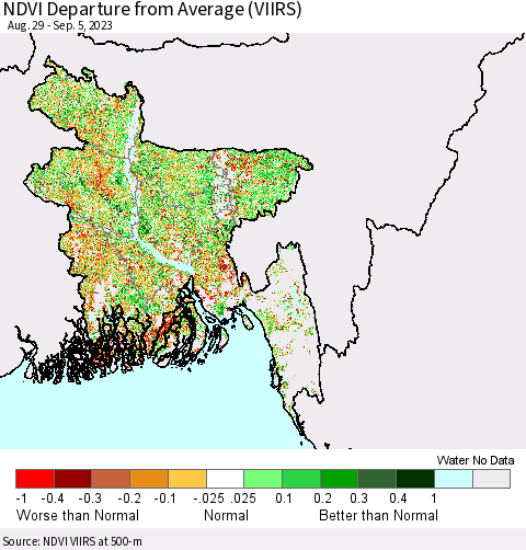 Bangladesh NDVI Departure from Average (VIIRS) Thematic Map For 8/29/2023 - 9/5/2023