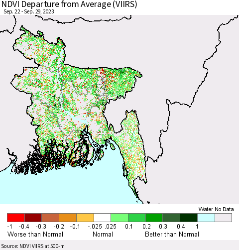 Bangladesh NDVI Departure from Average (VIIRS) Thematic Map For 9/22/2023 - 9/29/2023