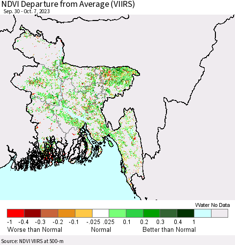 Bangladesh NDVI Departure from Average (VIIRS) Thematic Map For 9/30/2023 - 10/7/2023