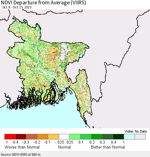 Bangladesh NDVI Departure from Average (VIIRS) Thematic Map For 10/8/2023 - 10/15/2023