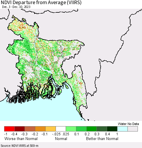 Bangladesh NDVI Departure from Average (VIIRS) Thematic Map For 12/3/2023 - 12/10/2023