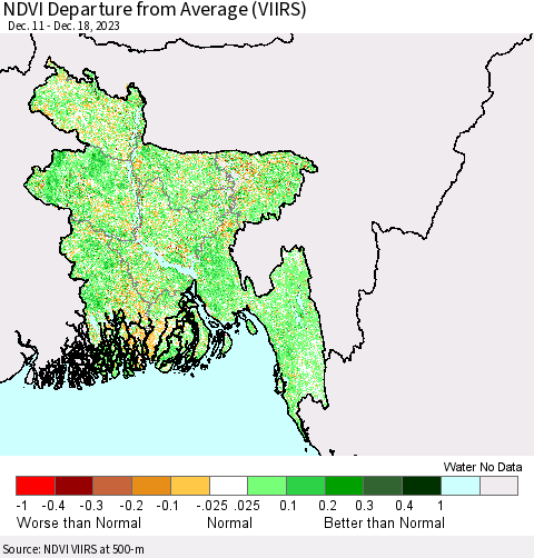 Bangladesh NDVI Departure from Average (VIIRS) Thematic Map For 12/11/2023 - 12/18/2023