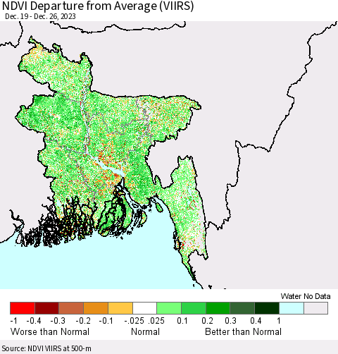 Bangladesh NDVI Departure from Average (VIIRS) Thematic Map For 12/19/2023 - 12/26/2023