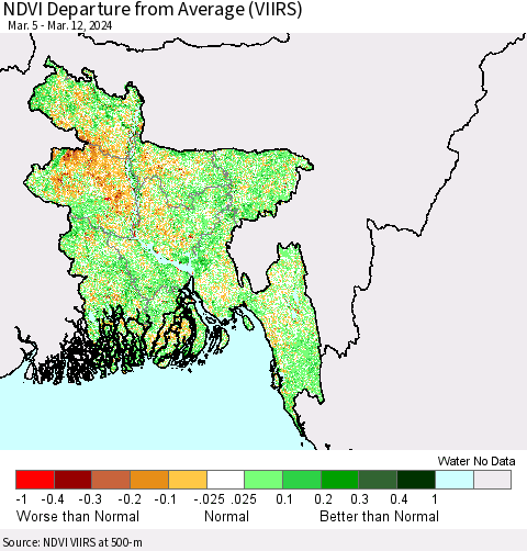 Bangladesh NDVI Departure from Average (VIIRS) Thematic Map For 3/5/2024 - 3/12/2024