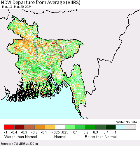 Bangladesh NDVI Departure from Average (VIIRS) Thematic Map For 3/13/2024 - 3/20/2024