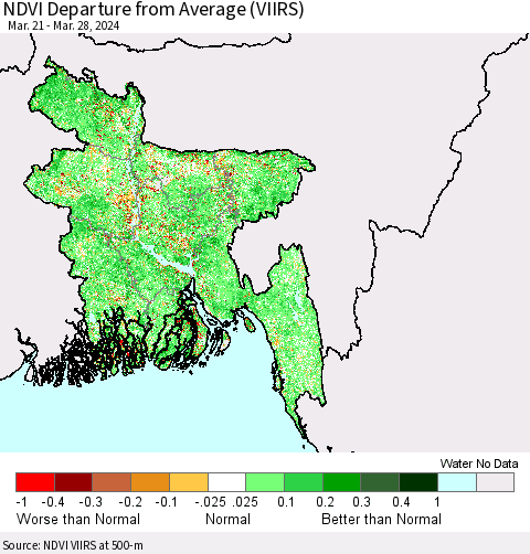Bangladesh NDVI Departure from Average (VIIRS) Thematic Map For 3/21/2024 - 3/28/2024