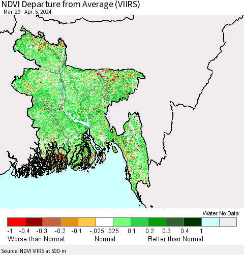 Bangladesh NDVI Departure from Average (VIIRS) Thematic Map For 3/29/2024 - 4/5/2024