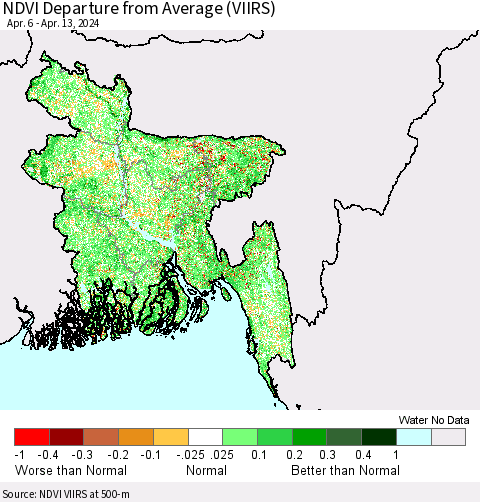 Bangladesh NDVI Departure from Average (VIIRS) Thematic Map For 4/6/2024 - 4/13/2024