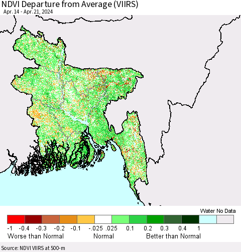 Bangladesh NDVI Departure from Average (VIIRS) Thematic Map For 4/14/2024 - 4/21/2024