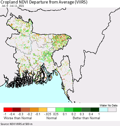Bangladesh Cropland NDVI Departure from Average (VIIRS) Thematic Map For 7/4/2021 - 7/11/2021