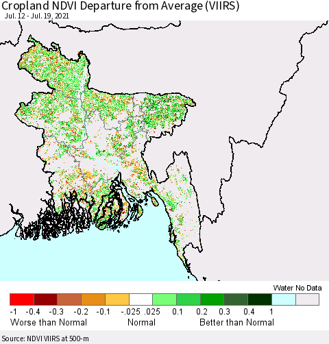 Bangladesh Cropland NDVI Departure from Average (VIIRS) Thematic Map For 7/12/2021 - 7/19/2021