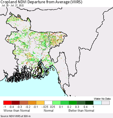 Bangladesh Cropland NDVI Departure from Average (VIIRS) Thematic Map For 7/20/2021 - 7/27/2021