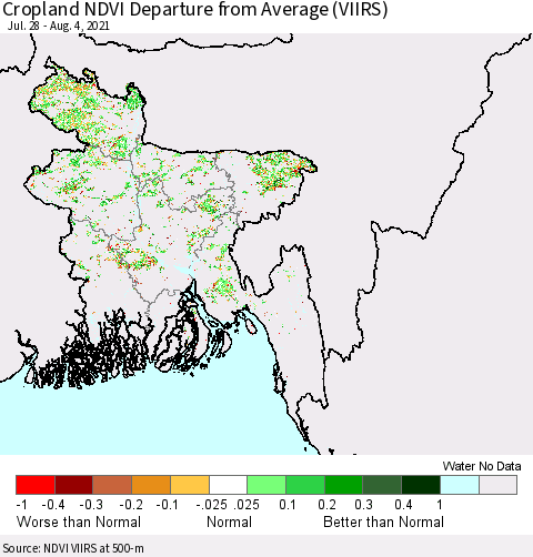 Bangladesh Cropland NDVI Departure from Average (VIIRS) Thematic Map For 7/28/2021 - 8/4/2021