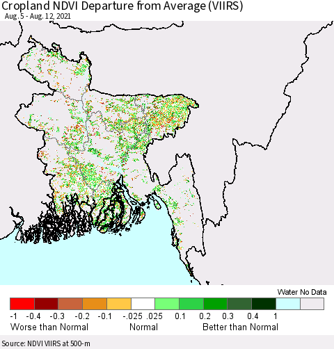 Bangladesh Cropland NDVI Departure from Average (VIIRS) Thematic Map For 8/5/2021 - 8/12/2021