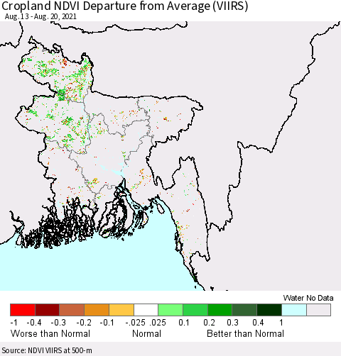 Bangladesh Cropland NDVI Departure from Average (VIIRS) Thematic Map For 8/13/2021 - 8/20/2021