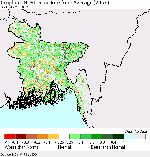 Bangladesh Cropland NDVI Departure from Average (VIIRS) Thematic Map For 10/24/2021 - 10/31/2021