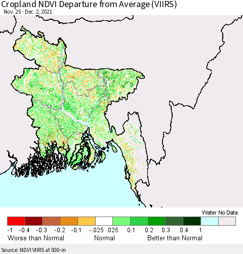 Bangladesh Cropland NDVI Departure from Average (VIIRS) Thematic Map For 11/25/2021 - 12/2/2021