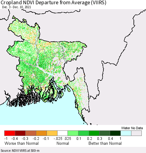 Bangladesh Cropland NDVI Departure from Average (VIIRS) Thematic Map For 12/3/2021 - 12/10/2021
