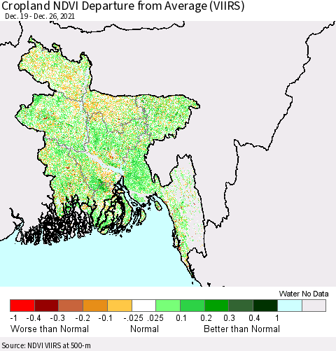 Bangladesh Cropland NDVI Departure from Average (VIIRS) Thematic Map For 12/19/2021 - 12/26/2021