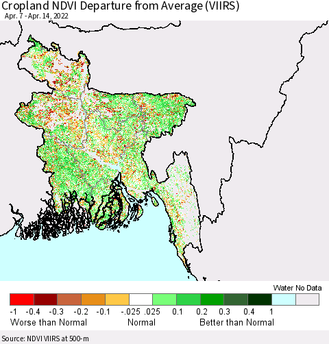 Bangladesh Cropland NDVI Departure from Average (VIIRS) Thematic Map For 4/7/2022 - 4/14/2022
