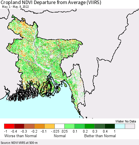 Bangladesh Cropland NDVI Departure from Average (VIIRS) Thematic Map For 5/1/2022 - 5/8/2022