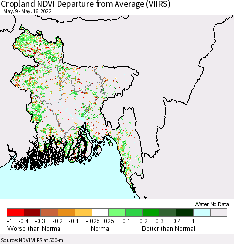 Bangladesh Cropland NDVI Departure from Average (VIIRS) Thematic Map For 5/9/2022 - 5/16/2022