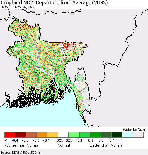 Bangladesh Cropland NDVI Departure from Average (VIIRS) Thematic Map For 5/17/2022 - 5/24/2022
