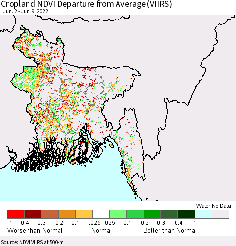 Bangladesh Cropland NDVI Departure from Average (VIIRS) Thematic Map For 6/2/2022 - 6/9/2022