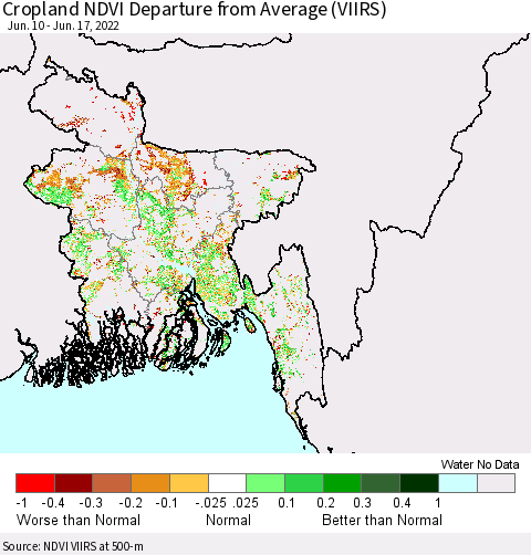 Bangladesh Cropland NDVI Departure from Average (VIIRS) Thematic Map For 6/10/2022 - 6/17/2022