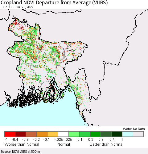 Bangladesh Cropland NDVI Departure from Average (VIIRS) Thematic Map For 6/18/2022 - 6/25/2022