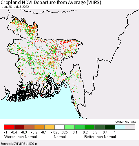 Bangladesh Cropland NDVI Departure from Average (VIIRS) Thematic Map For 6/26/2022 - 7/3/2022