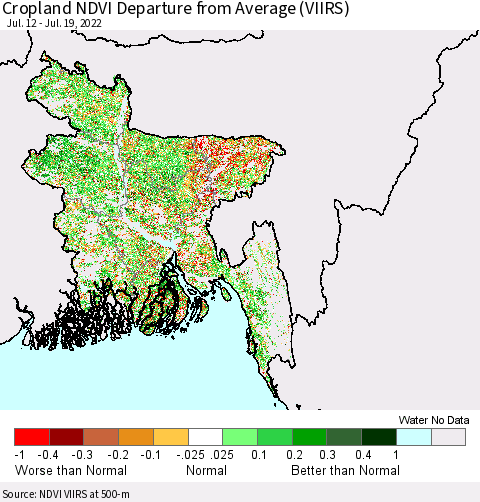 Bangladesh Cropland NDVI Departure from Average (VIIRS) Thematic Map For 7/12/2022 - 7/19/2022