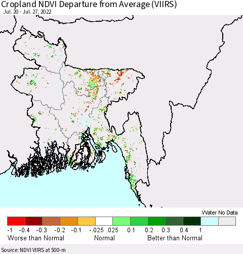 Bangladesh Cropland NDVI Departure from Average (VIIRS) Thematic Map For 7/20/2022 - 7/27/2022