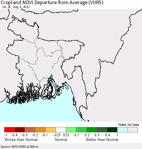 Bangladesh Cropland NDVI Departure from Average (VIIRS) Thematic Map For 7/28/2022 - 8/4/2022