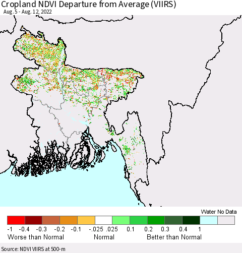 Bangladesh Cropland NDVI Departure from Average (VIIRS) Thematic Map For 8/5/2022 - 8/12/2022